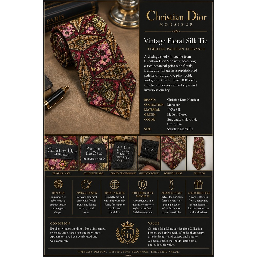 Christian Dior Monsieur Vintage Floral Silk Tie Burgundy Paris in the Rain Tie